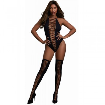 Body noir à laçage et bas assortis  - Dreamgirl Lingerie Sexy