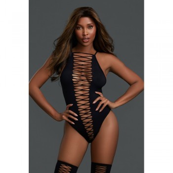 Body noir à laçage et bas assortis  - Dreamgirl Lingerie Sexy