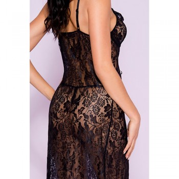 Nuisette déshabillée longue noire ouverte dentelle florale et string - ML53009BLK
