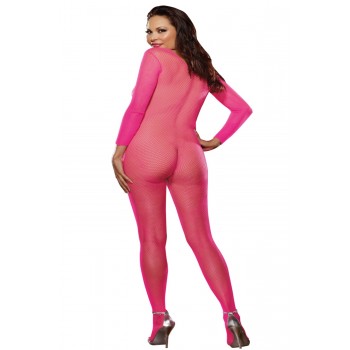 Bodystocking rose fluo résille grande taille ouvert à l'entre-jambes - Dreamgirl - Garnet's LIngerie House