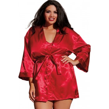 Nuisette grande taille rouge avec peignoir satinés - Dreamgirl Lingerie