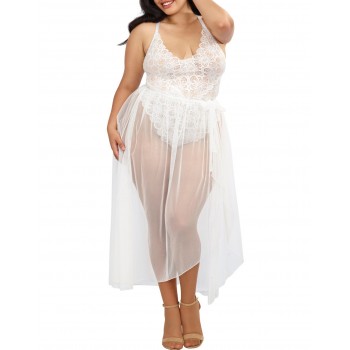Body string grande taille blanc dentelle avec jupe amovible - Dreamgirl Lingerie