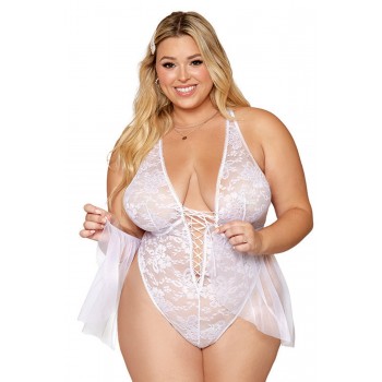 Body grande taille dentelle blanc avec tulle amovible - Dreamgirl Lingerie