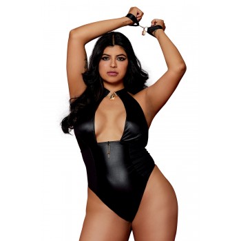 Body style wetlook noir grande taille avec menottes, Dreamgirl Lingerie