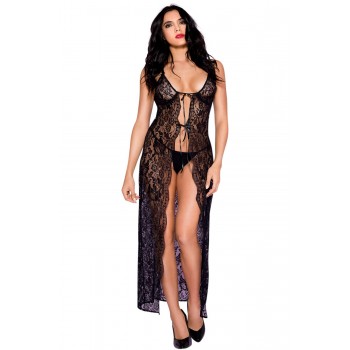 Nuisette déshabillée longue noire ouverte dentelle florale et string - Mapalé