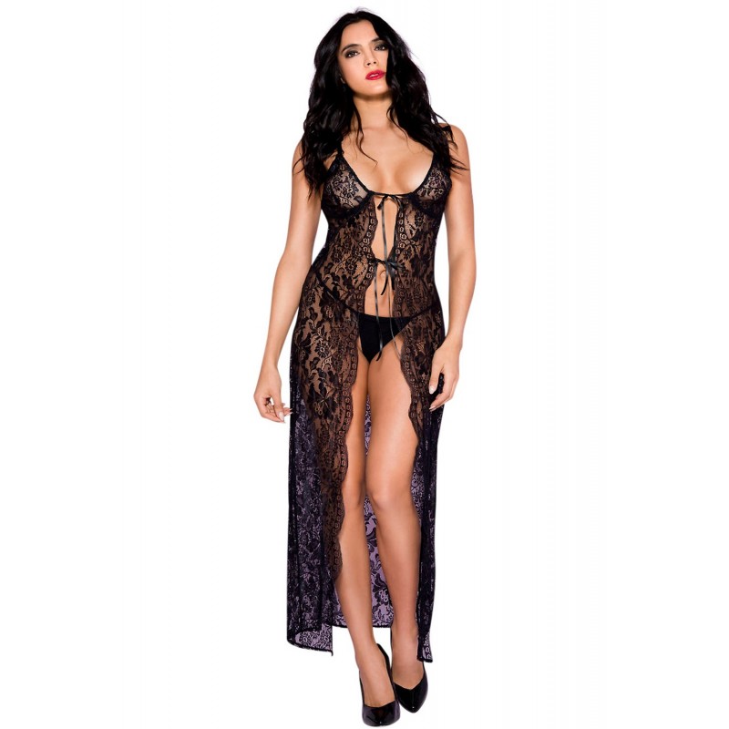 Nuisette déshabillée longue noire ouverte dentelle florale et string - Mapalé