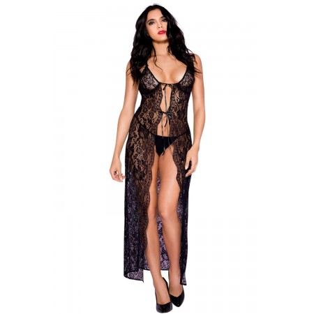 Nuisette déshabillée longue noire ouverte dentelle florale et string - Mapalé