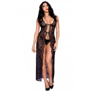 Nuisette déshabillée longue noire ouverte dentelle florale et string - Mapalé