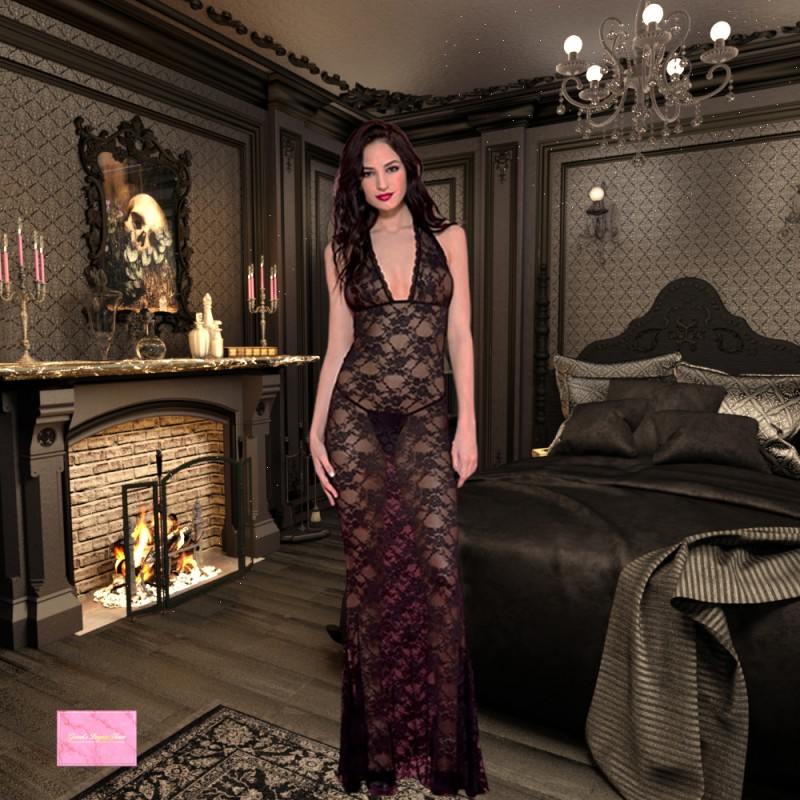 Nuisette longue noire décolletée dentelle florale - Music Legs Lingerie Sexy