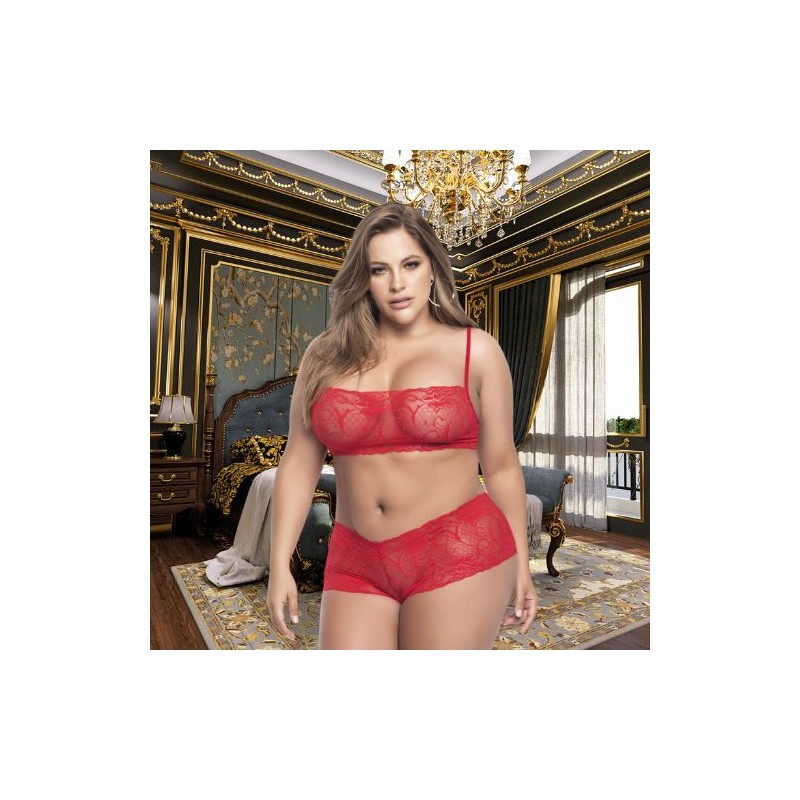 Ensemble lingerie, grande taille,  rouge top bustier et shorty dentelle   - Mapalé - Garnet's Lingerie House